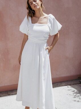 Petal & Pup White “Clo Puff Sleeve Midi Dress”